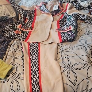 Beige & Black Patterned Women’s Two-Piece Pantsuit with Coral Trim